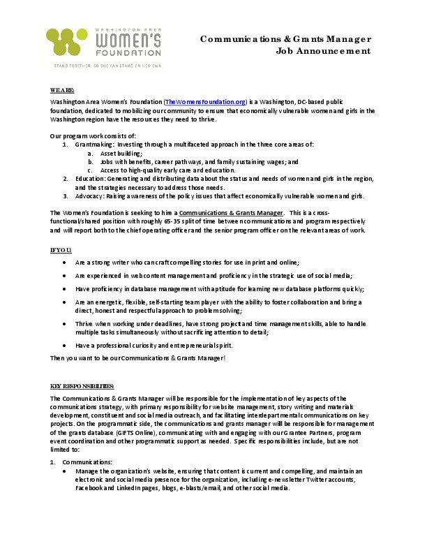 thumbnail of Communications & Grants Manager Job Announcement_9.15