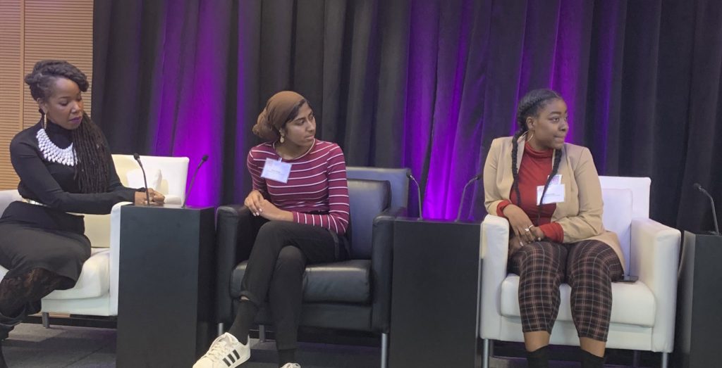 Goldie Patrick with YWAC Fellows Kiran Waqar and Alicia Butler during Declare Equity for Girls Panel 